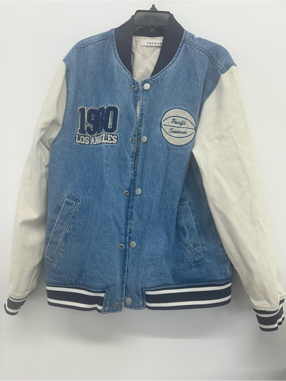 Pacsun Denim Varsity Bomber Jacket Men’s Size Large 1980 Los Angeles Snap Button